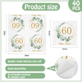 Xunerloy 40Pcs 60th Birthday Napkins Sage Green Gold, 60th Birthday Serviettes Eucalyptus Napkins for Women Men Her He Anniversary Decoration