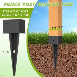 4 Pcs 4"x 6" Fence Post Anchor Ground Spike, 16.5" Heavy Duty Metal Fence Stake Post Bases (Inner Size 3.6"x5.6") with Black Powder Coated for Fence, Deck, Railing, Mailbox and Porch