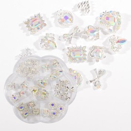 QIMYAR 35PCS Mixed Shapes AB Glitter Nail Rhinestones Nail Crystal Diamond Nail Art Decorations Bow-Knot Heart Crown Nail Diamonds Alloy Nail Charms DIY Crafts Nail Accessories