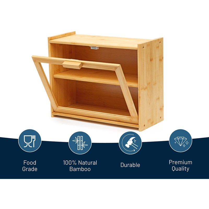 RoyalHouse Premium Bamboo Double Layer Bread Box With Clear Window,