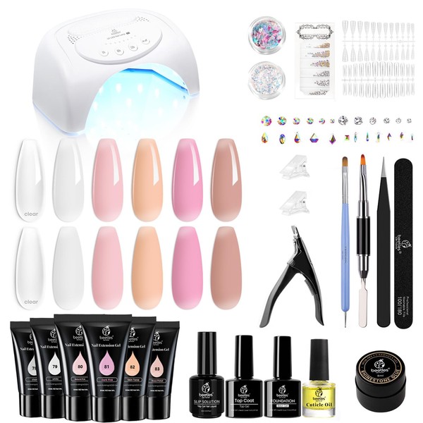 Beetles Poly Nail Gel Kit with U V Lamp 6 Pcs Poly Colors Gel with Slip Solution Nail Forms Brush Clips Cutter Builder Gel Nail Kit with Everything Professional Clear Nude Nail Starter Kit Gift