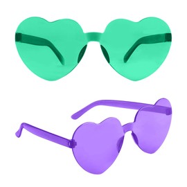 Heart Sunglasses, Green Purple Sunglasses, 2 Pack Purple Green Heart Sunglasses for Women, Purple Green Glasses for Men, Green Heart Shaped Sunglasses for Mardi Gras Outfit Accessory Party Decorations