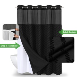 eachope Long No Hook Tufted Chevron Striped Shower Curtain with Snap-in Fabric Liner set-71Wx80H(78H),Black Hotel Grade Boho Style Shower Curtain with See Through Top Window,Water Repellent