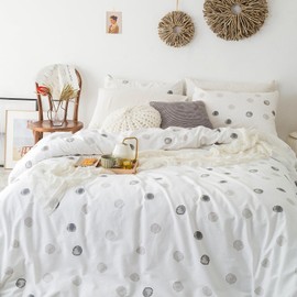 YuHeGuoJi Grey Polka Dots Duvet Cover Queen 100% Cotton Black and White Circle Duvet Cover 3 Pcs Set 1 Neutral Modern Geometric Duvet Cover with Zipper Ties 2 Pillowcases Circle Bedding Set