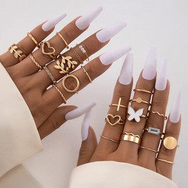 Meztole Gold Stacking Rings for Women,Boho Vintage Knuckle Rings Set Stackable Snake Butterfly Dainty Top Finger Rings for Women (K)