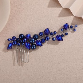 Teyglen Blue Pearl Wedding Hair Comb with Rhinestone Crystal Pearl Hair Side Comb Bridal Crystal Headpiece for Bride Wedding Hair Accessories for Women Hair Piece (Blue)