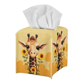 ZFRXIGN Giraffe Sunflower Tissue Box Cover Square Tissue Holder Decorative Leather Facial Paper Holder for Bathroom Vanity Countertop, Night Stand, Bedroom Dresser, Office Desk, Car Yellow