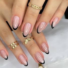 Ceboic Pack of 24 Glue-On Nails, Short, French Black Shiny False Nails, Press On Nails with Nail Glue Sticker, Almond Natural Acrylic Artificial Fingernails for Women and Girls