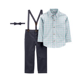 Simple Joys by Carter's Baby Boys' 4-Piece Special Occasion Bow-tie and Suspender Pants Set, Charcoal/Green Grey Checked/Navy Dots, 12 Months