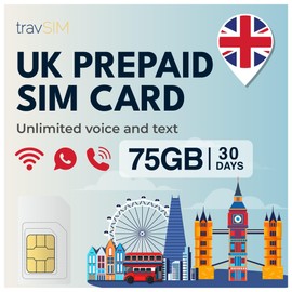 travSIM UK SIM Card | 75GB Data + Unlimited Calls & Texts | 4G/5G Speeds | Works Across the UK | SIM Card UK is valid for 30 days
