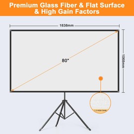 80" Projector Screen with Stand, Portable Projector Screen Outdoor Indoor, 1.2 Gain Fiberglass, 16:9 Outdoor Movie Screen with Carrying Bag for Movie Night movie projector