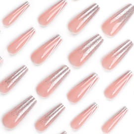 Long Press on Nails Coffin Fake Nails with Silver Glitter Designs French Tip Nails Press ons Nude Glue on Nails Glossy Full Cover Artificial Stick on Nails for Women 24Pcs