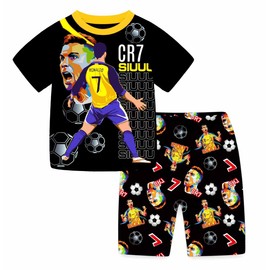 Boys Pyjamas Ronaldo No.7 Fans Cotton Homewear Pajama Set Long Sleeve Casual Football Nightwear Pjs Set (UK, Age, 6 Years, 7 Years, Regular, short black)