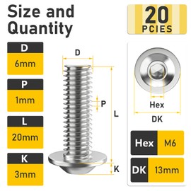 Valorada M6 Bolts, M6 x 20mm Flanged Button Head Socket Cap Screw Bolts, Allen Socket Drive, Stainless Steel 304, Full Thread, with Hex Spanner, Pack of 20