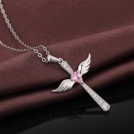 JiaYangJY Sterling Silver Cross Angel Necklace for Women Pink Tourmaline Color CZ Guardian Angel Pendant Cross Necklace Jesus Christian Jewelry