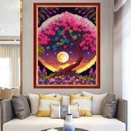 Disxvivy Cross Stitch Stamped Full Embroidery Kits DIY 11CT Cotton Thread Printed DIY Needlepoint Kits Craft Needlework Set Cross-Stitch Stamped Sets-Moon Colorful Tree 15.7x19.7 inch