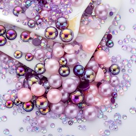 60g Light Amethyst Pearls Rhinestones for Crafts Mixed Size 3mm-10mm AB Color Round Half Pearls Flatback Pearl Beads and Resin Rhinestones Set for Face Art with Gel Gel