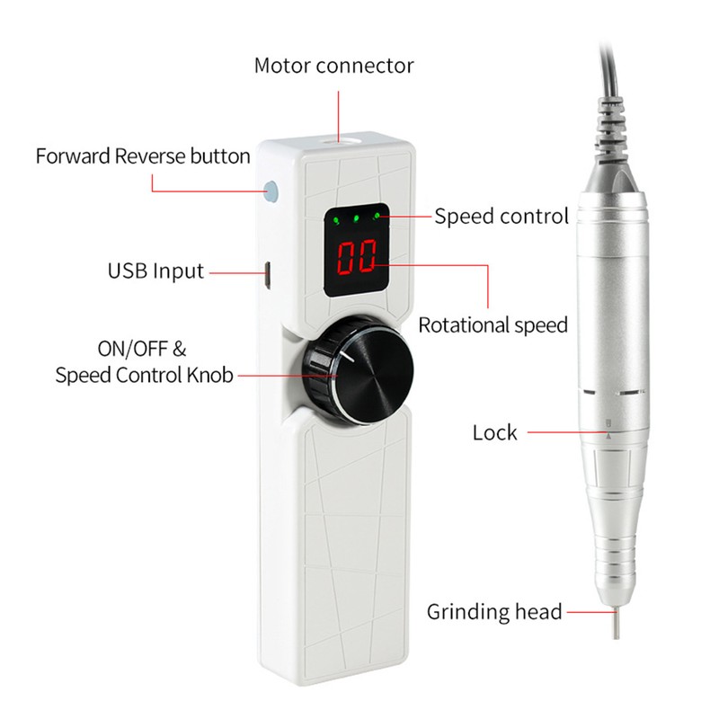 LCD Nail Drill Machine Portable USB Charging Adjustable Electric Nail