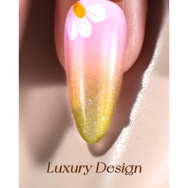 Swooflia Medium Almond Press On Flase Nails French Tip – Chartreuse Bling Flower Fake Nail Glue Stick On Acrylic Artificial Fingernails for Women, 24 PCS Handmade Manicure Art Nails with Stickers Glue