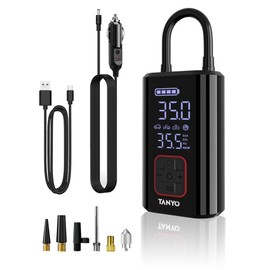 TANYO Tyre Inflator Air Compressor, Portable 150 PSI Car Tyre Pump Cordless, Eelectric Bike Pump with Pressure Gauge and Digital LED Light, 12V Air Pump for Car Tyres, Bicycles, Motorcycles