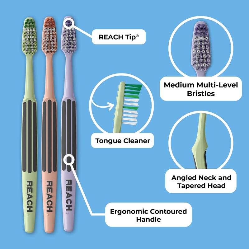REACH Advanced Design Toothbrush with Toothbrush Cap, Angled Neck, Medium