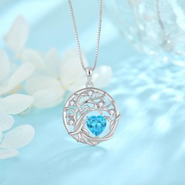 FJ Tree of Life Necklace Women's 925 Sterling Silver Tree of Life Necklace Pendant Birthstone Jewellery Gifts for Women, Cubic Zirconia, Aquamarine