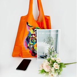 [Thayaki] Folding Eco Bag - Lightweight, Durable, Eco Bag Large Capacity, Eco-friendly, Stylish Design (W x H x H): 19.7 x 15.7 inches (50 x 40 cm), orange tiger