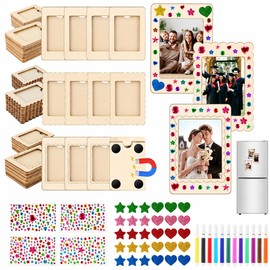 36 Pack Mini Magnetic Wooden Picture Frames for Crafts, Unfinished Magnetic Photo Frame Kit with 12 Watercolor Pens, Heart Star and Diamond Stickers, DIY Fridge Decor for Birthday, Graduation and Wedding Gifts