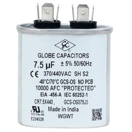 Capacitor (Oval) 7.5uF, 370V/440V, Single Element, 7.5MFD, Tolerance = ±5%, Motor Start, CBB65, Recognized by UL (Underwriters Laboratories) Brand: GLOBE CAPACITORS