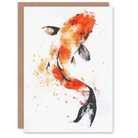 Artery8 Greeting Card Japanese Koi Carp Fish Orange Black Watercolour Blank For Him Or Her Art Birthday Card