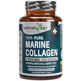 Nutrabytes 100% Pure Marine Collagen Supplement, 1,250mg (180 Capsules) | Type 1 Hydrolysed Collagen Peptides for Skin, Hair, Nails & Joints | Supplement for Men and Women | 3 Month Supply