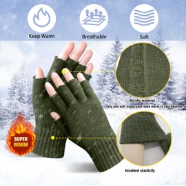 Evridwear Mens Thermal Winter Gloves Fingerless Touch Screen Glove Driving Running Cycling Texting with Elastic Cuff for Cold Weather (Half Finger, 3 Pairs Army Green)