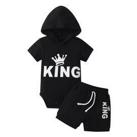 Rebey Newborn Infant Baby Boy Clothes Summer Short Sleeve Hooded King Print Romper Tops Shorts Outfits Set (6-9 Months) Black
