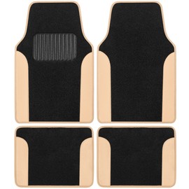 BDK Carpet Floor Mats for Cars, Two-Tone Carpet Car Mat with Faux Leather Accents, Automotive Floor Mat Sets with Built-in Heel Pad, Stylish Interior Car Accessories Beige