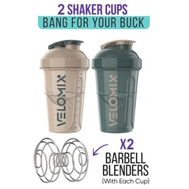 VELOMIX -2 Pack- 20 oz Protein Shaker Bottles for Protein Mixes, 2x Wire Whisk, Leak Proof Shaker Cups for Protein Shakes and Pre Workout, Protein Shaker Bottle Pack, Protein Mixer Cup(Blue&Beige)