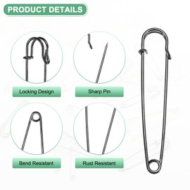 M METERXITY 30-Pack Large Safety Pins, 3.5" Spring Lock Blanket Bulk Big Pin for Fashion/Clothes/Sewing/Quilting/Upholstery/Laundry/DIY Craft/Decorative [Black]