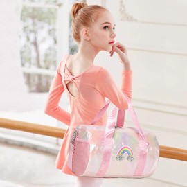 Glitter Dance Bag for Children Girls Ballet Bag Small School Bag Shoulder Bags Kids Sports Bag Gym Bag Small Children's Travel Bag with Waterproof Bag, Laser Pink, Children's luggage