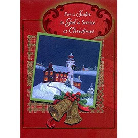 Designer Greetings Lighthouse on Snowy Hill : Green Border and Gold Bells Religious Christmas Card for Sister in God's Service