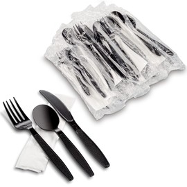 MT Products Black Individually Wrapped Plastic Cutlery Set - Disposable Heavy Weight Utensils - Pack of 50