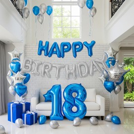 18th Happy Birthday Decorations with Metal Blue Silver Happy Birthday Star Heart-shaped Crown Number Foil Balloons and sash for Boys Men Birthday Coming of Age Ceremony Party Decor (Eighteenth)