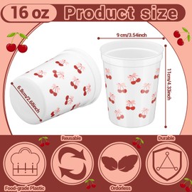 Yungyan 24 Pcs Chery Bow Plastic Cups Coquette Clear Reusable Cups Pink Bow Party Supply 16 oz Reusable Cherry Themed Decorations for Bachelorette Wedding Bridal Shower Party Birthday