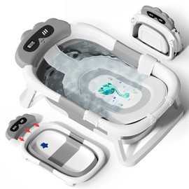 AVIDOR Baby Bathtub,Collapsible Bathtub for Newborn to Toddler,Durable Essential Infant Bath Tub,Portable Travel Baby Tub with Soft Bath Net,No-Slip Feet and Dinosaur Shaped (Grey)