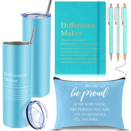 Geiserailie 6 Pcs Employee Appreciation Gift Set Thank You Difference Maker Gift May You Be Proud 20 oz Tumbler Leather Journal Ballpoint Pens Makeup Bag for Graduation Teacher Women Men (Blue)