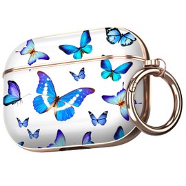 Maxjoy for AirPods Pro Case, Cute AirPod Pro Case Protective Hard AirPod Pro Cover for Women Men with Keychain for AirPods Pro Charging Cover 2019, Butterfly Blue