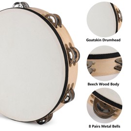 LIEKE Goatskin Tambourine 10 Inch Beechwood Hand Held Drum for Adult kids with 8 Pairs Metal Jingles for Music Classroom Dance Party Church Game Props