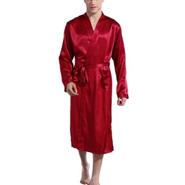 Mobarta Men's Satin Kimono Robe Long Bathrobe Sleepwear Silk Spa Bathrobes Red