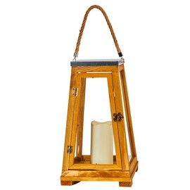 Smart Design 84044-LC Newport LED Candle Lantern, Wooden Lantern With Glass Panels And Rope, Includes Candle Powered By One Amber LED