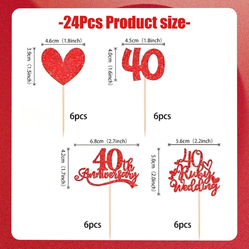 24Pcs 40th Ruby Wedding Anniversary Cupcake Toppers, Red Glitter Heart