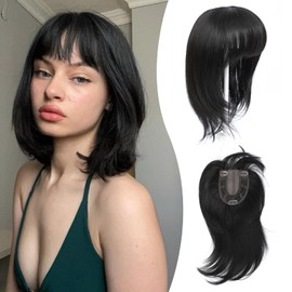 Ms Taj 12 Inch Hair Topper with Bangs, 360° Cover Synthetic Clip in Bangs, 4"x5" Bangs Natural Straight Fiber Hair Toppers for Women, Breathable & Comfortable for Daily Wear(Natural Black)