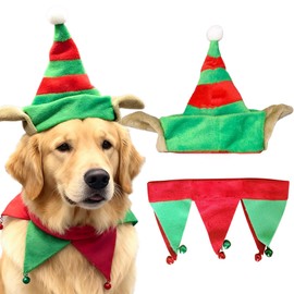 LaVenty - Gorro de Papá Noel de Navidad para perro, bufanda de elfo, disfraz para cachorro, gato, perro, fiesta, color rojo y verde, talla L